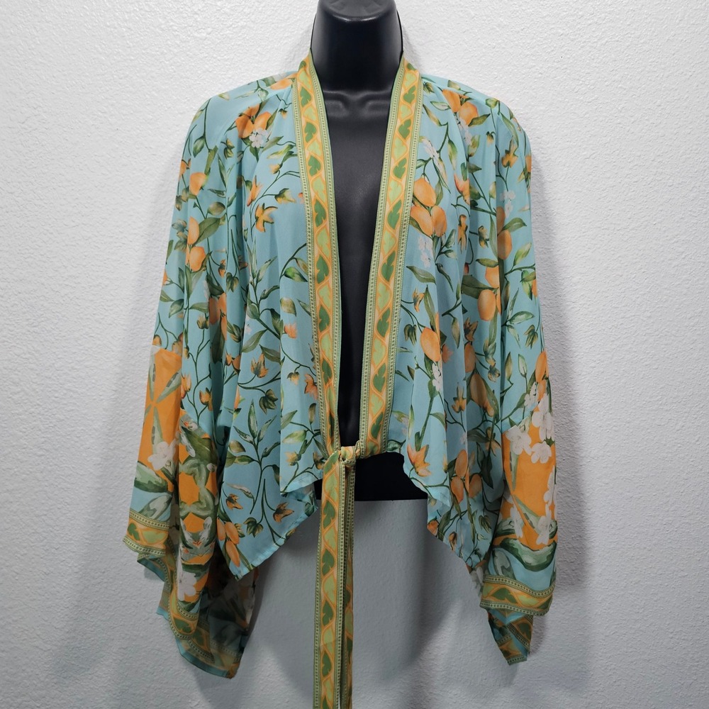 Pilcro Anthropologie Citrus Floral Kimono Wrap Light Blue Orange One Size